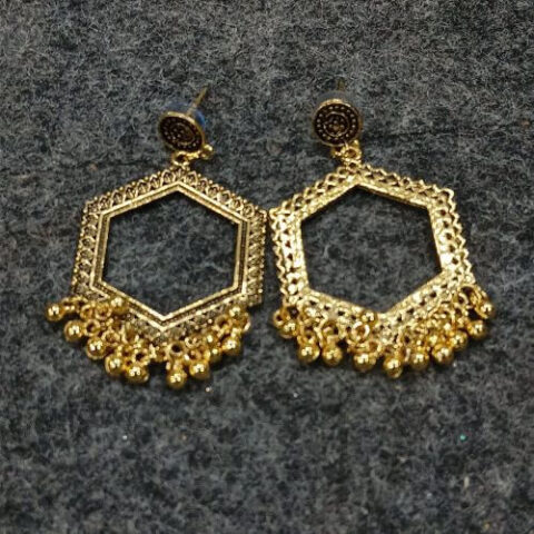 Hexagon Chandelier Jhumka – Geometric Gold Earrings with Elegant Detailing