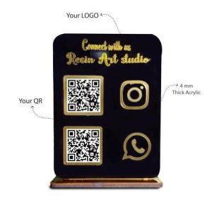 A customized acrylic qr stand featuring a unique cafe business logo above two distinct QR codes for payment and menu.