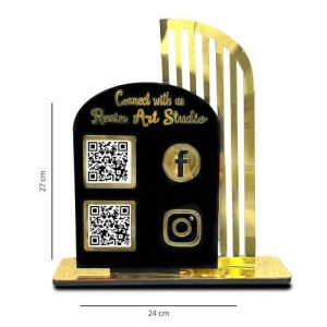 A dark "Executive" qr code scanner stand placed on a cafe counter, displaying both an Instagram follow code and a GPay payment code.