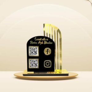 A sleek dark gpay qr code stand showing a Google Pay code and business logo.