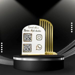 A custom acrylic barcode scanner displaying Instagram and Facebook icons for social media growth.