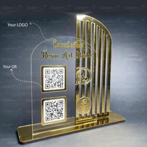 A custom qr code stand displaying Instagram and Facebook codes on a retail counter.