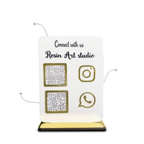 High Definition UV Print on White Acrylic Stand Macro shot of a white acrylic qr stand showing sharp, high-definition UV printed Instagram and PhonePe codes that do not fade.