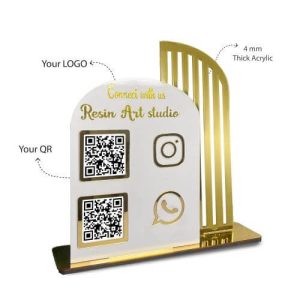 Close up of the high-quality UV printing on the white personalized social media qr code stand.